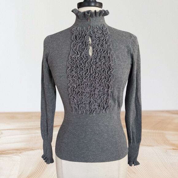 Sisters Gray Sweater Sz S Ruffles Moc Neck Angora Nylon Viscose Blend Victorian - Picture 1 of 9